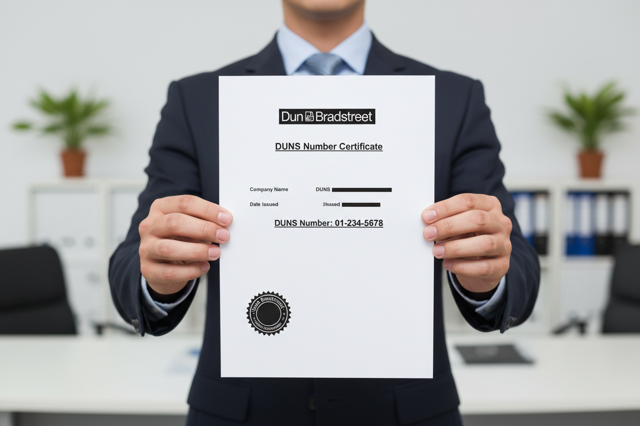 a man showing his DUNS Number to the camera, face is not visible,zoom in to below shoulder and to hand