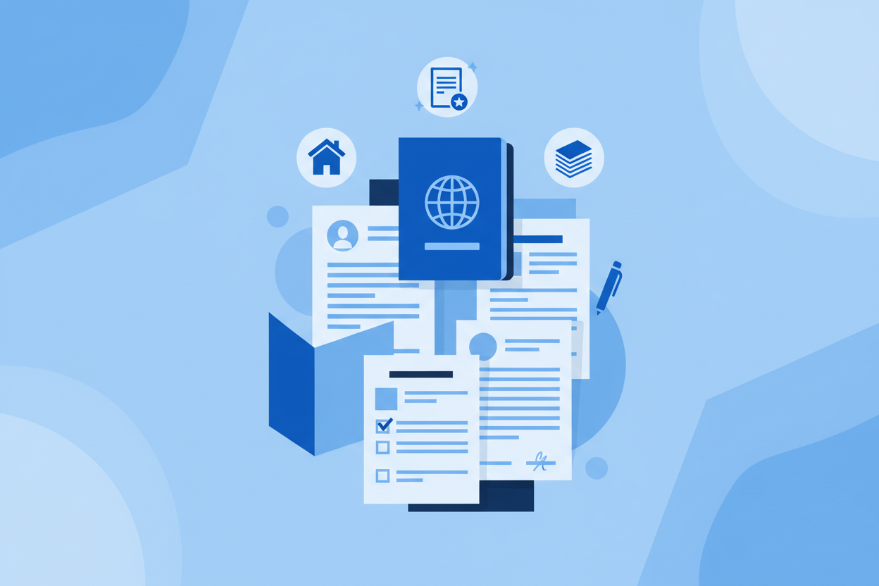 Submitting documents for immigration, residency, or citizenship (vectorel with blue tones)